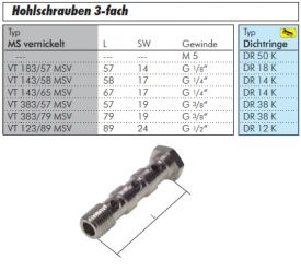 Hohlschrauben zylindrisches Gewinde 3-fach für CK-Verschraubungen Messing vernickelt, alle Größen